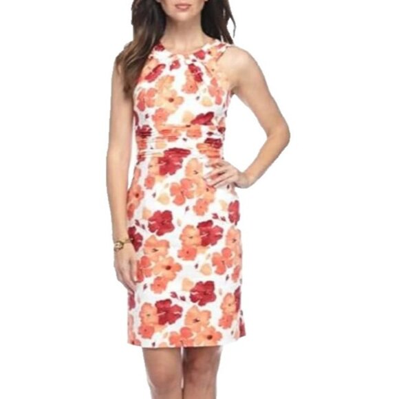 Adrianna Papell Dress Orange White Red 8 Stretch Sheath Sleeveless Floral Summer - Picture 1 of 9